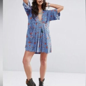 Free People Tallula Wide Sleeve Boho Dress in Blue Combo - Size Large